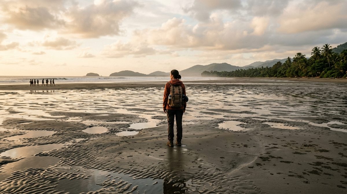 Penikmat pantai berjalan di zona pasir basah sambil memperhatikan arah datangnya ombak