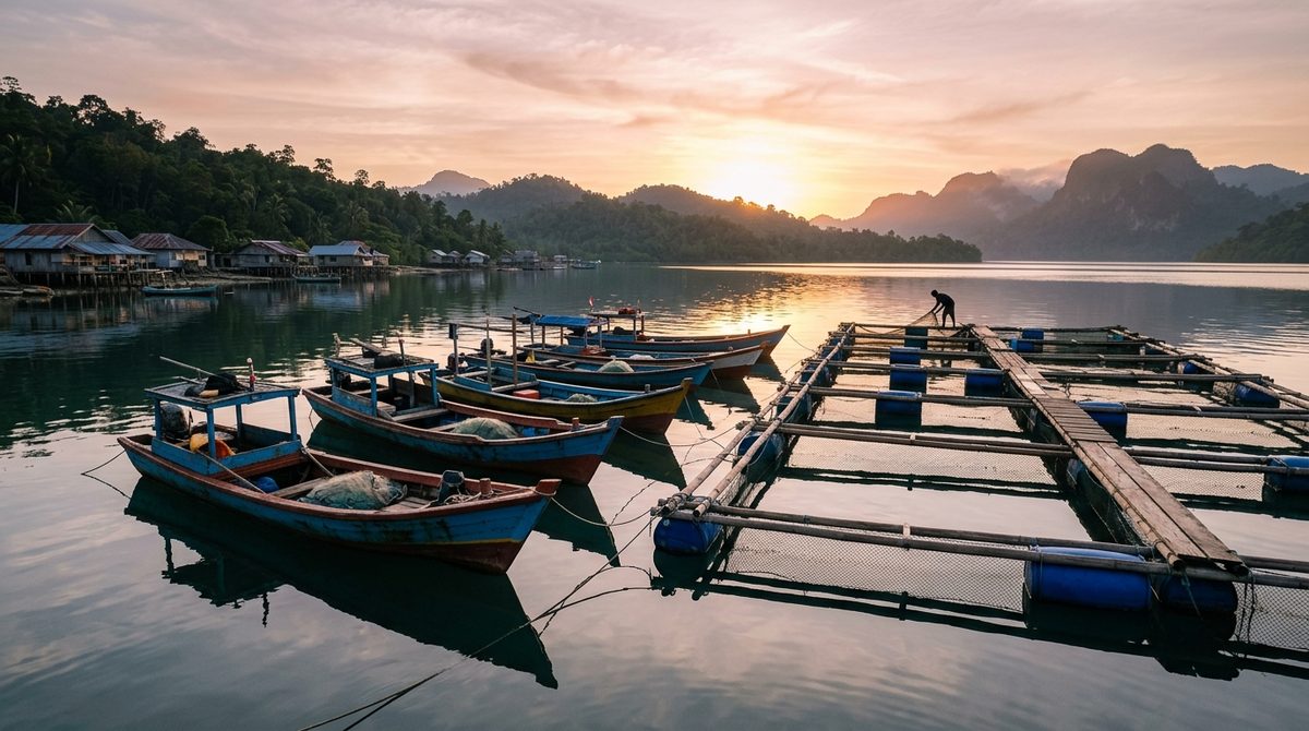Perahu nelayan kecil bersandar di dermaga kayu saat matahari pagi memancar di atas air