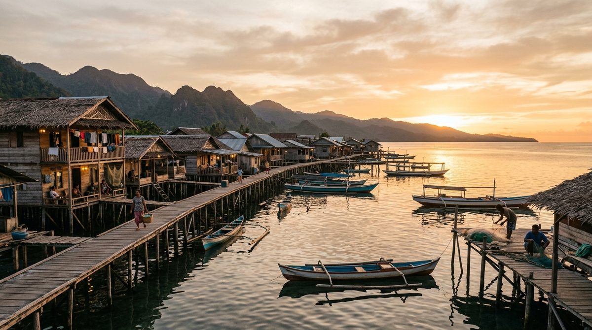 Kampung nelayan kecil di tepi laut saat matahari senja